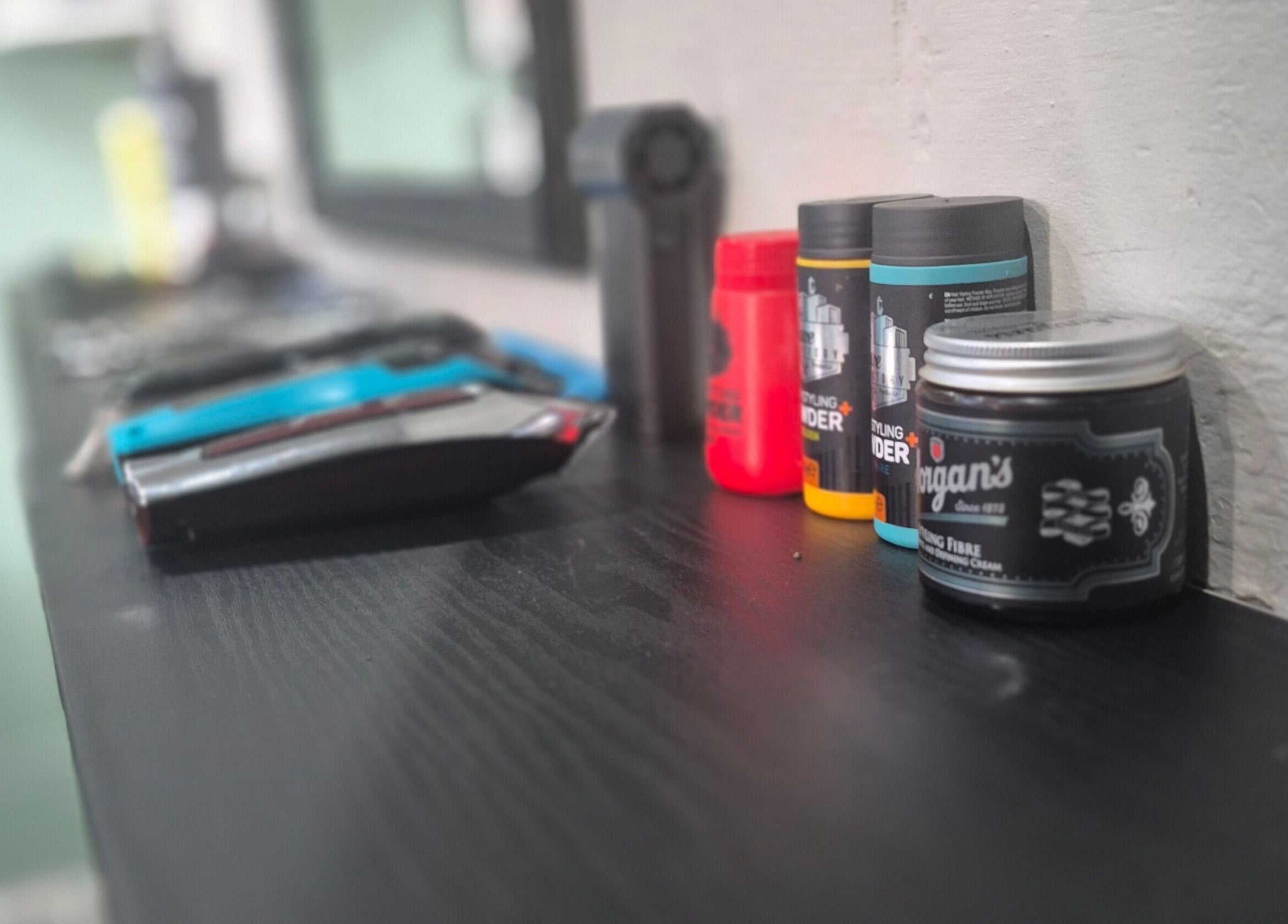 Hair styling products and clippers at Studio 7 Barber, Dungannon, Northern Ireland, GB.