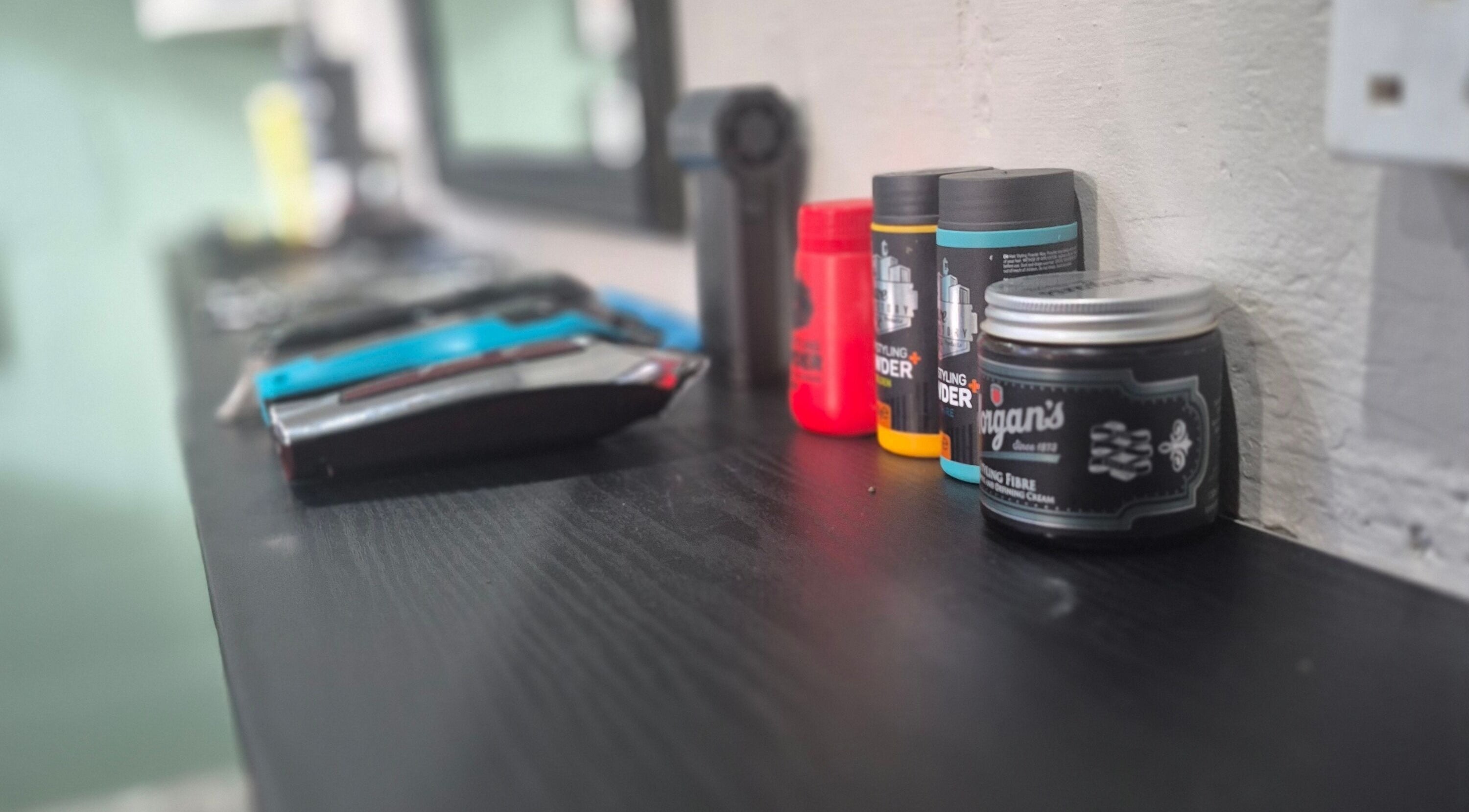 Hair styling products and clippers at Studio 7 Barber, Dungannon, Northern Ireland, GB.