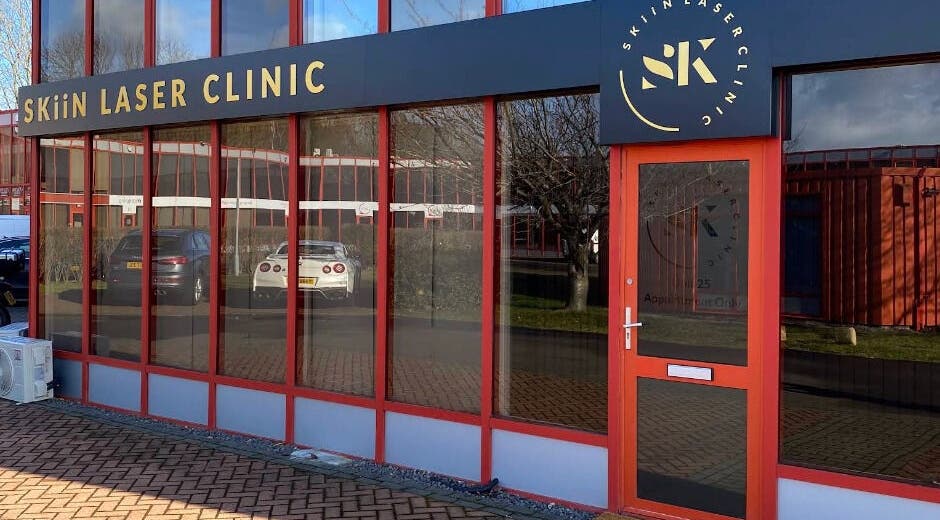Front view of Skiin Laser Clinic in Peterborough, England, GB with modern glass facade.