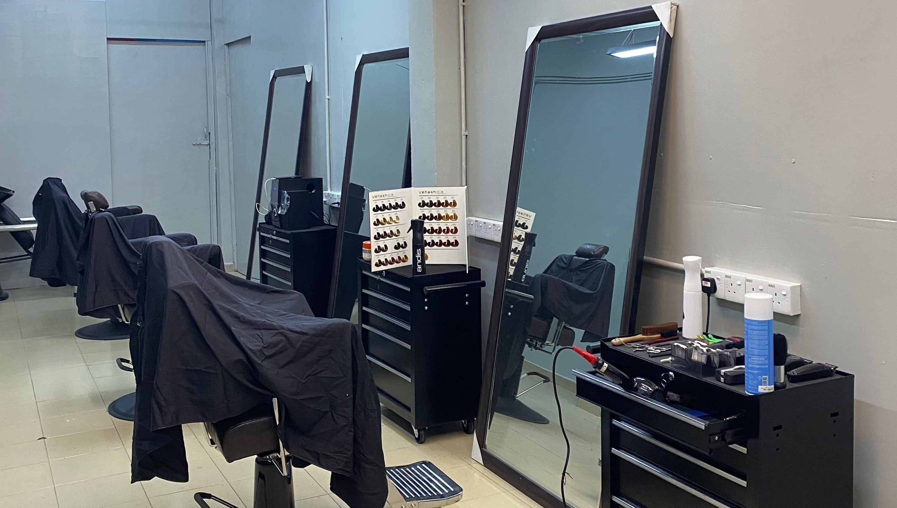 Professional barber chairs and mirrors at Qnd Barbershop, Hulu Langat, Selangor, MY.