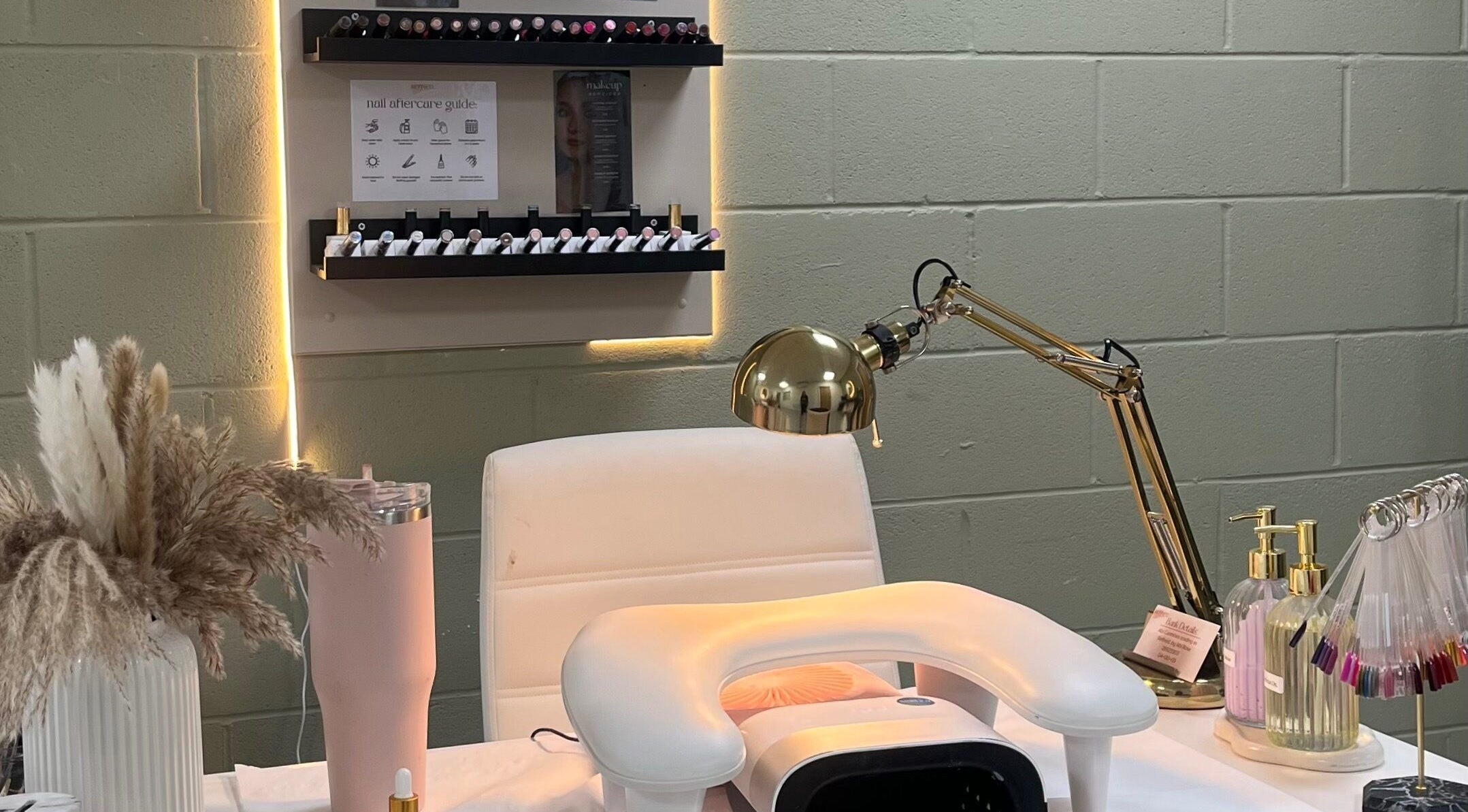 Modern nail station at Refined. By Abi Rose, Caerphilly, Wales, GB with manicured set-up and elegant decor.