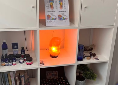 Natural Balance Holistic Therapy wellness display with salt lamp and oils, Allerton Bywater, England, GB.