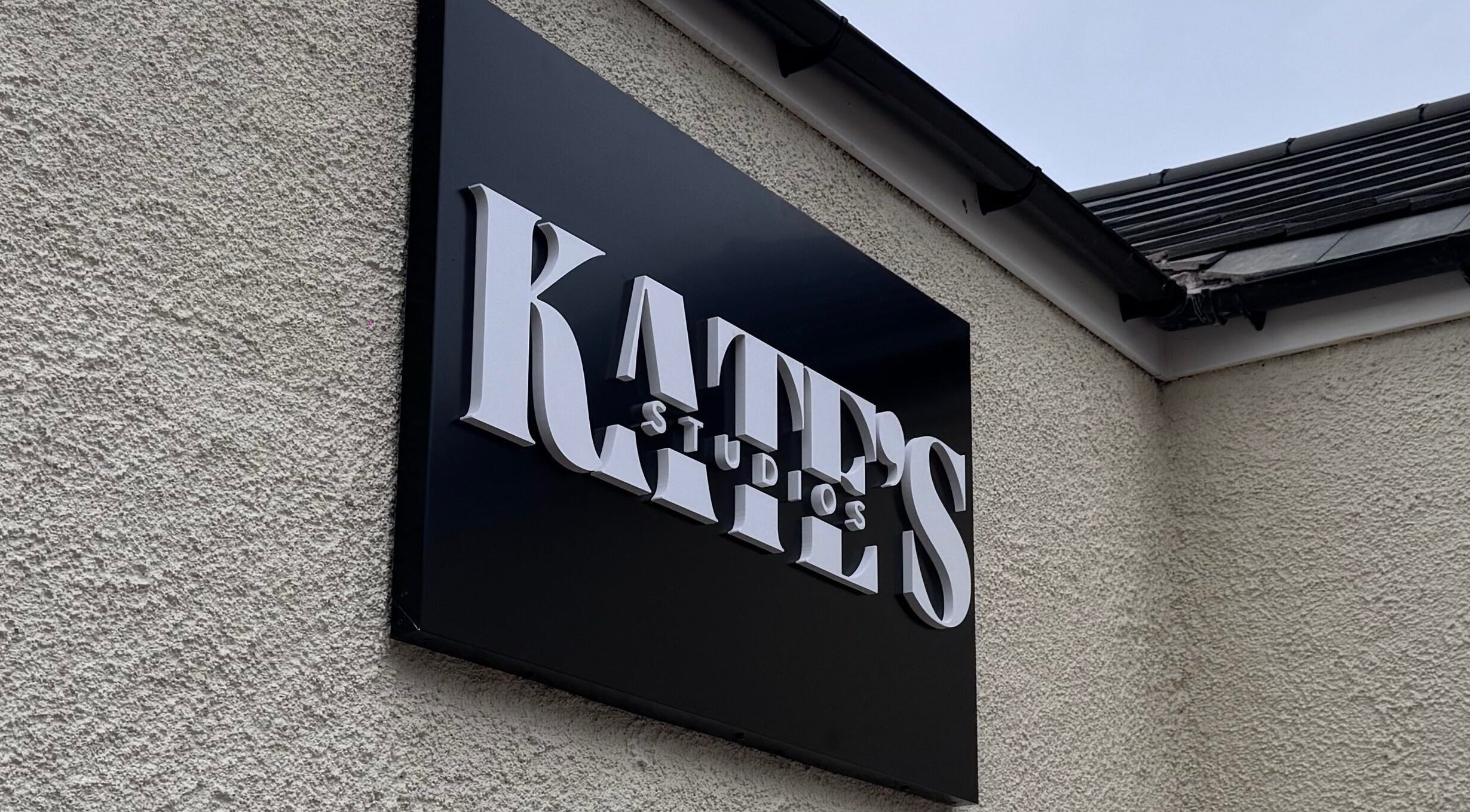Exterior signage of Kate's Studio located in Coalville, England, GB.