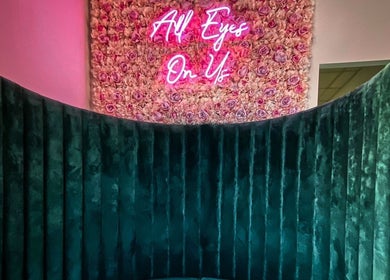 Luxurious velvet seating with floral backdrop at Elzyt Brows by Patricija, Drogheda, County Louth, IE.