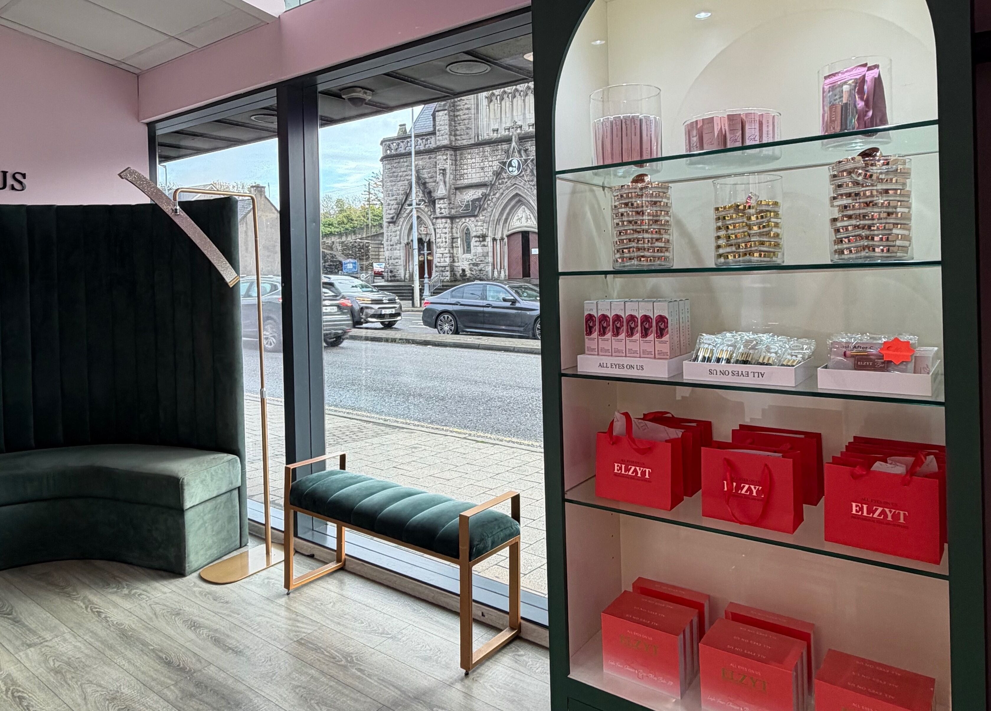 Modern interior of Elzyt Brows by Patricija in Drogheda, County Louth, IE featuring stylish lounge and product display.