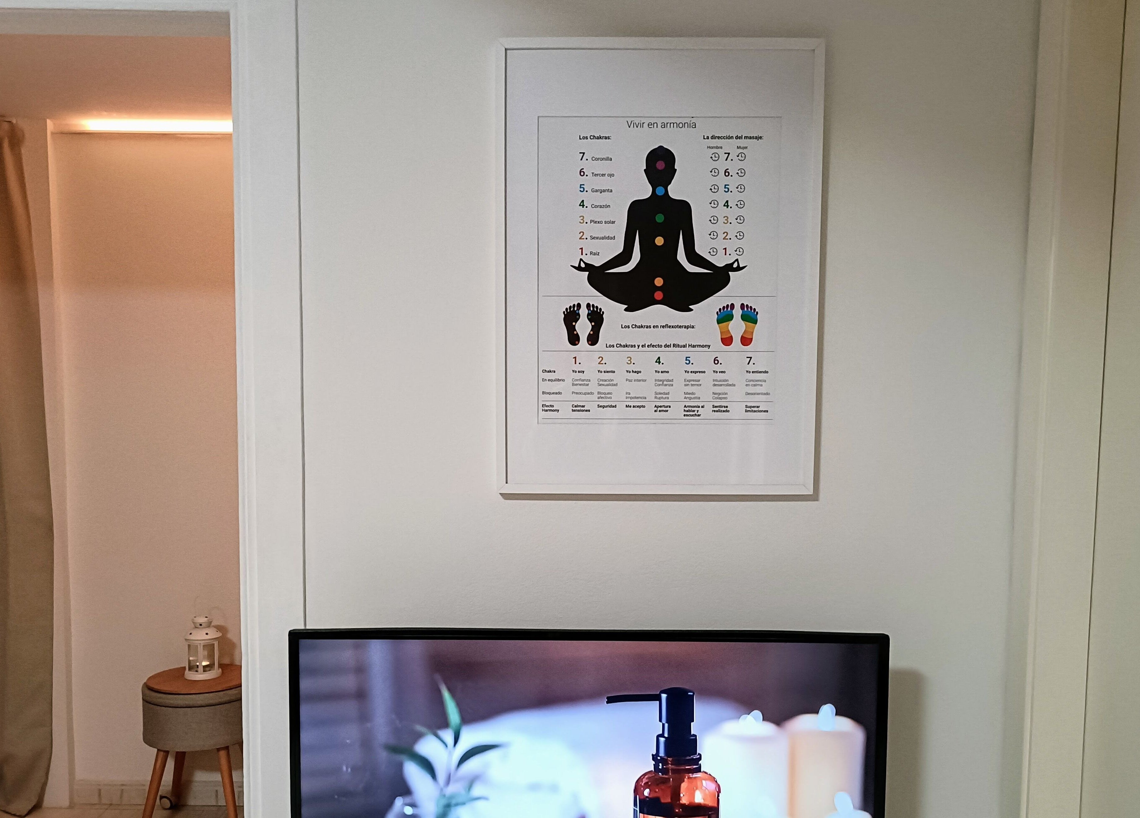 Interior sereno de Cara Sana en Barcelona, Catalunya, ES con cartel de chakras y vela decorativa.