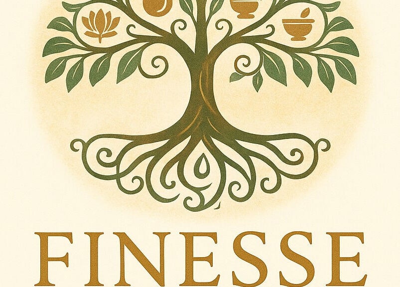 Finesse logo featuring a stylized tree with wellness icons, located in Dunfermline, Scotland, GB.
