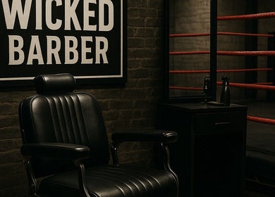 Stylish barber chair at Wicked Barber, London, England, GB enhancing a modern grooming experience.