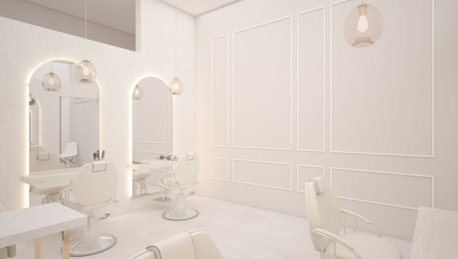Sala de belleza moderna en Aura Beauty, Saltillo, Coahuila De Zaragoza, MX con asientos blancos y espejos iluminados.