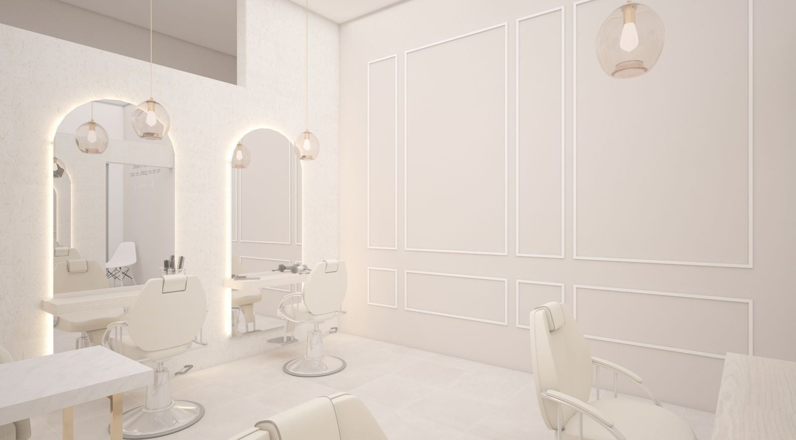 Sala de belleza moderna en Aura Beauty, Saltillo, Coahuila De Zaragoza, MX con asientos blancos y espejos iluminados.
