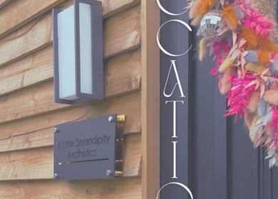 Entrance to Mirabellabymegan, featuring a stylish wreath and sign in Newcastle-under-lyme, England, GB.