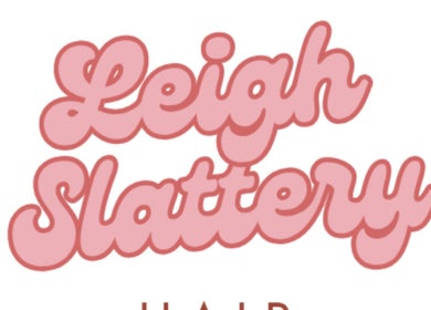 Leigh Slattery Hair logo in pink script, Johnstone, Scotland, GB.