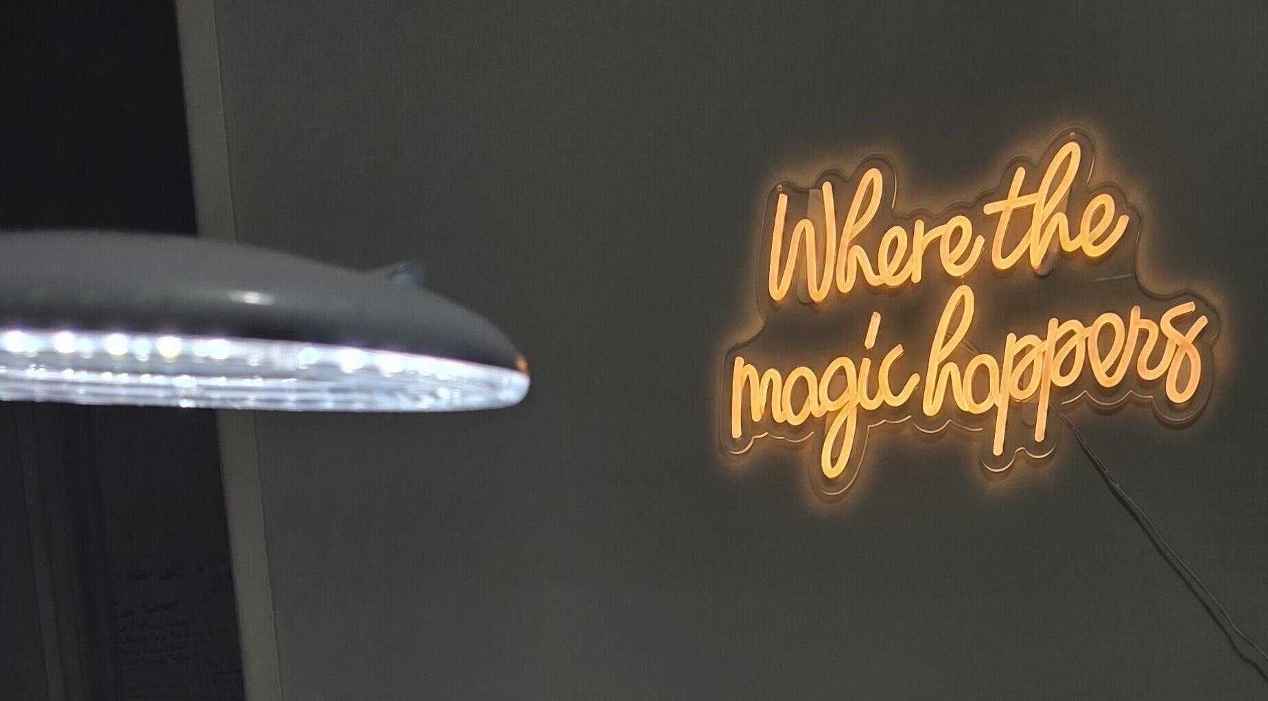 Neon sign saying 'Where the magic happens' at Kassia Nails, Raceview, Queensland, AU.