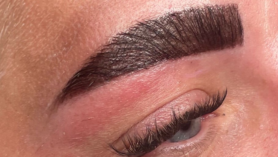 Close-up of perfectly styled eyebrows and lashes at Beauty By SG, Thurnscoe, England, GB.