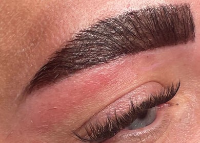 Close-up of perfectly styled eyebrows and lashes at Beauty By SG, Thurnscoe, England, GB.