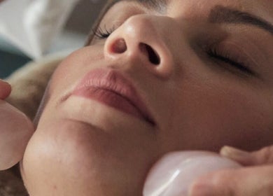 Relaxing crystal facial therapy at Therapy Lodge, Battle, England, GB; enhancing skin rejuvenation and calm.