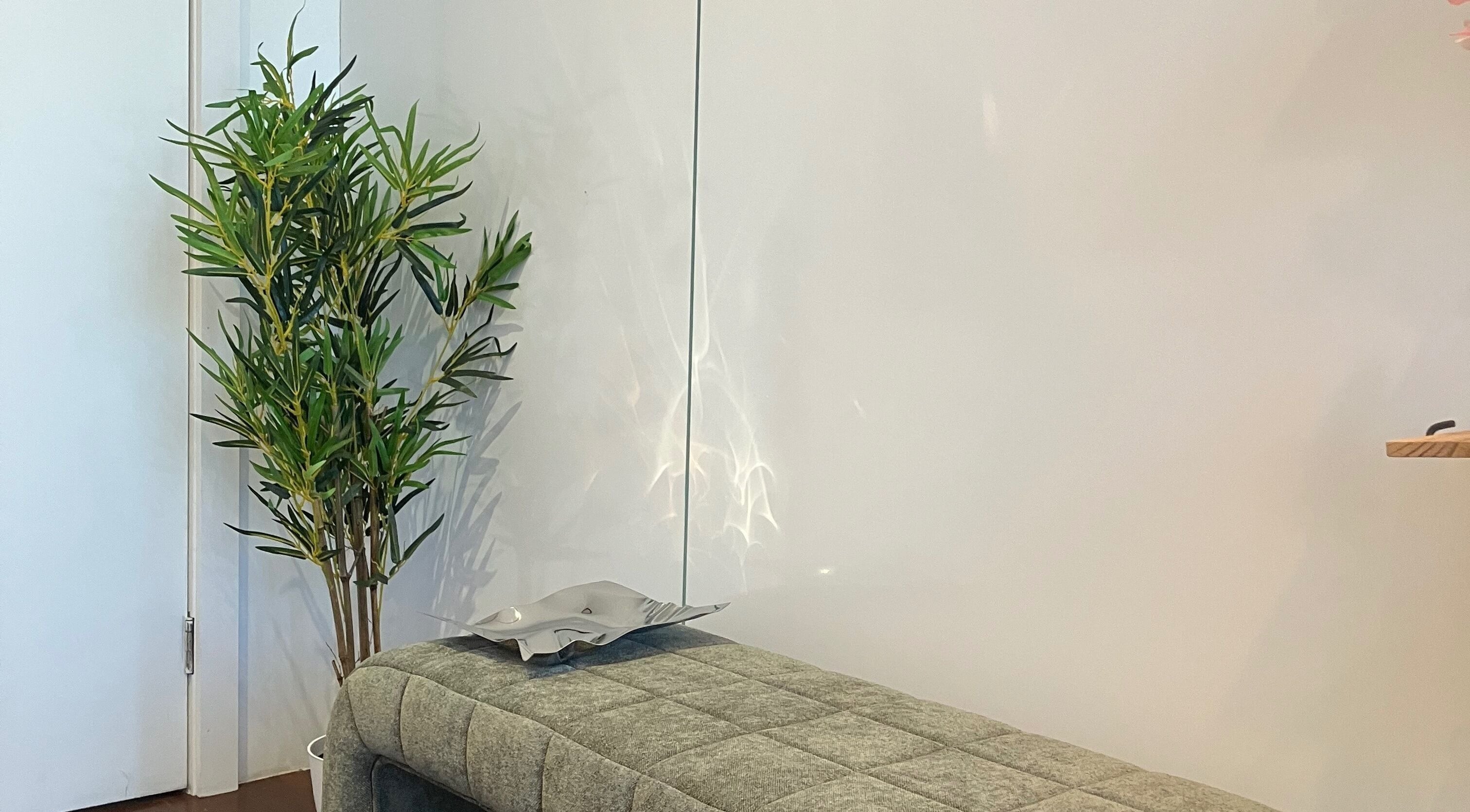 Tokyo Lash serene waiting area with plush seating and plant in Petersham, New South Wales, AU.