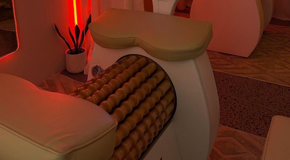 Massage roller at The Body Roll Studio in Auckland, Auckland, NZ with ambient red lighting.