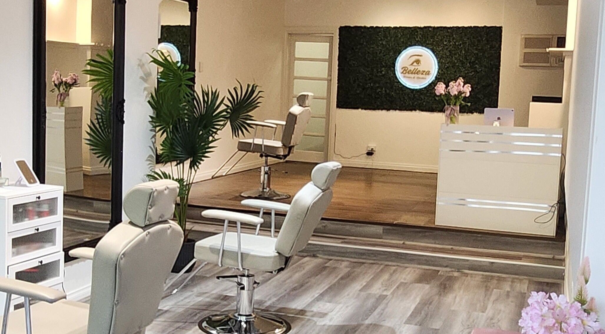 Belleza Brows & Lashes interior showing elegant salon chairs and decor in Melbourne, Victoria, AU.