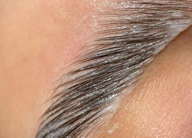 Detailed close-up of brow lamination at Lumina Beauty Salon, Whittlesey, England, GB.