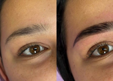 Eyebrow transformation at LA Lashes&Brows, West Wickham, England showcasing a before and after look.