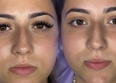 Before and after eyelash transformation at LA Lashes&Brows, West Wickham, England, GB showing enhanced lash volume.