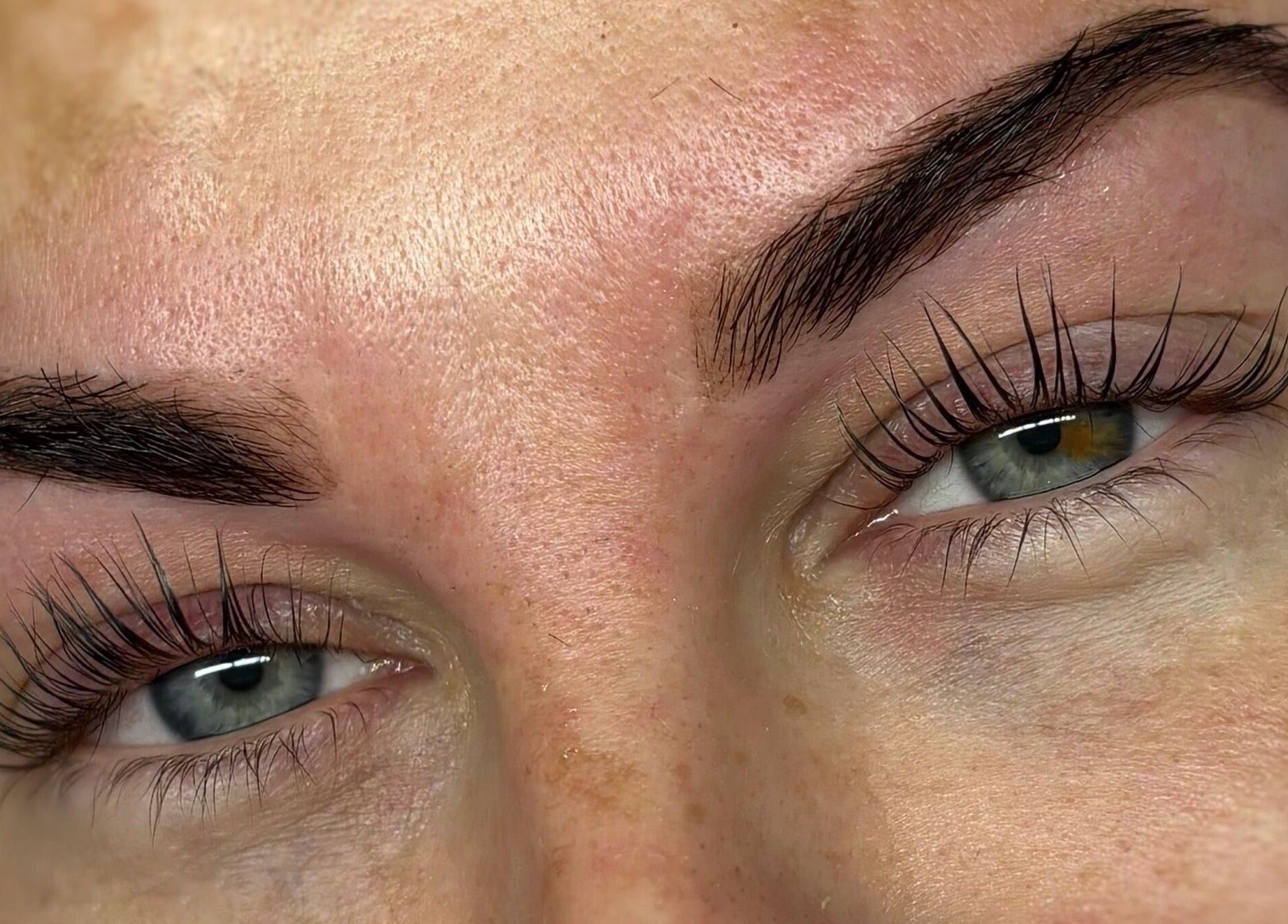 Close-up of enhanced lashes and brows at LA Lashes & Brows, West Wickham, England, GB.