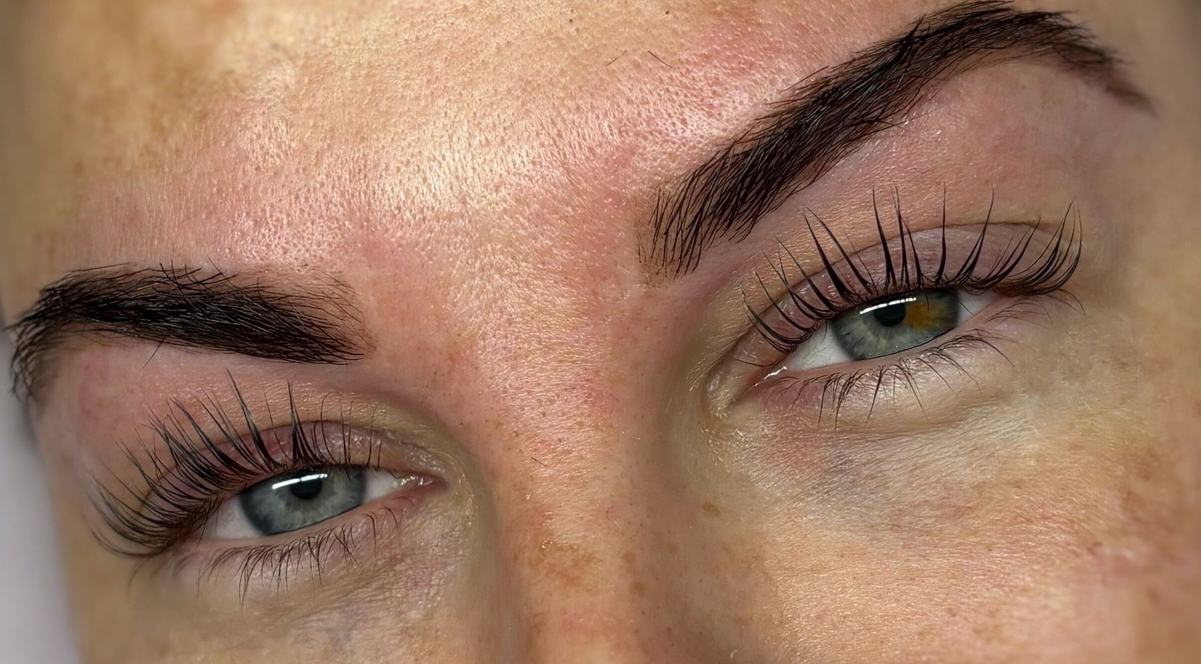 Close-up of enhanced lashes and brows at LA Lashes & Brows, West Wickham, England, GB.