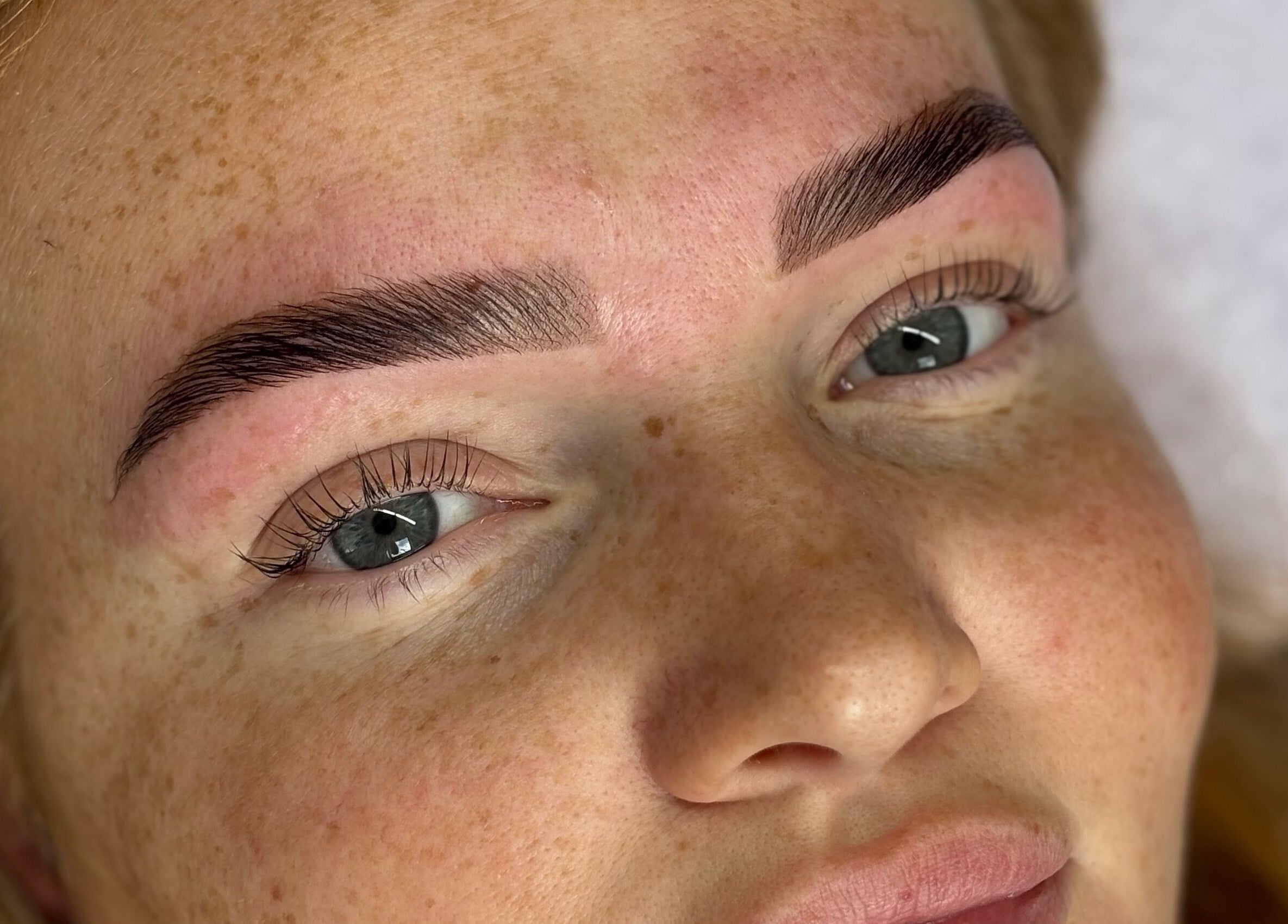 Close-up of expertly shaped brows at LA Lashes & Brows, West Wickham, England, GB.