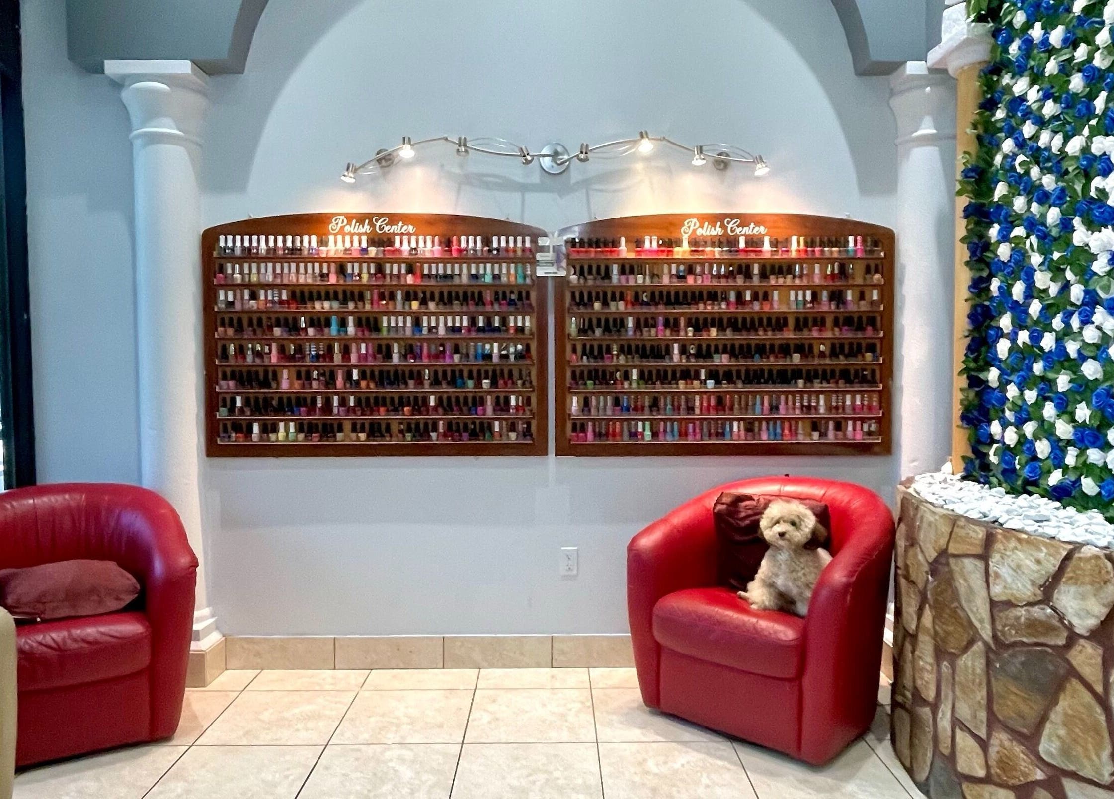 Inviting Aladdin Nails & Spa lounge in Ocoee, Florida, US, featuring polish selection and plush red chairs.