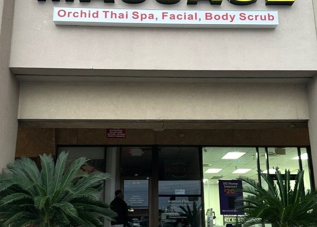 Entrance to Las Vegas's Luxurious Expert in Relaxation with plants and signage in Las Vegas, Nevada, US.