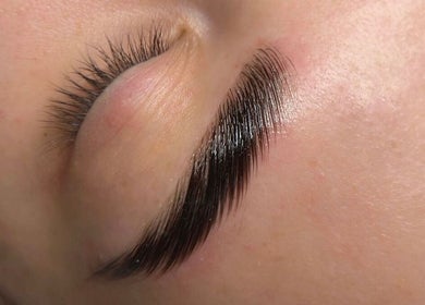 Close-up of expertly applied eyelash extensions at Mili Brows & Lashes, Boston, England, GB.
