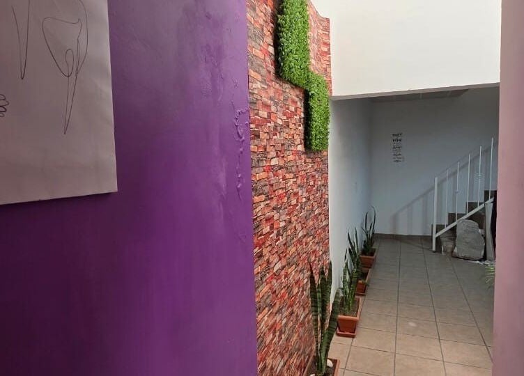 Pasillo acogedor en Lume Lys, Durango, Durango, MX, con paredes moradas y ladrillo decorativo.