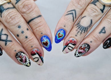 Intricate nail art design at Poise & Polish Beauty Bar, Cape Town, Western Cape, ZA showcases tattoo-inspired styles.