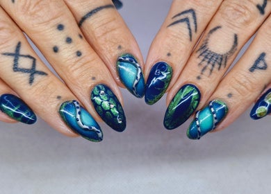 Intricate blue nail art design showcased at Poise & Polish Beauty Bar, Cape Town, Western Cape, ZA.