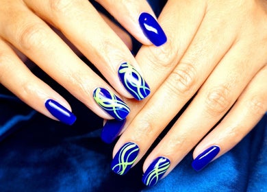 Elegant blue nail art at Poise & Polish Beauty Bar, Cape Town, Western Cape, ZA.