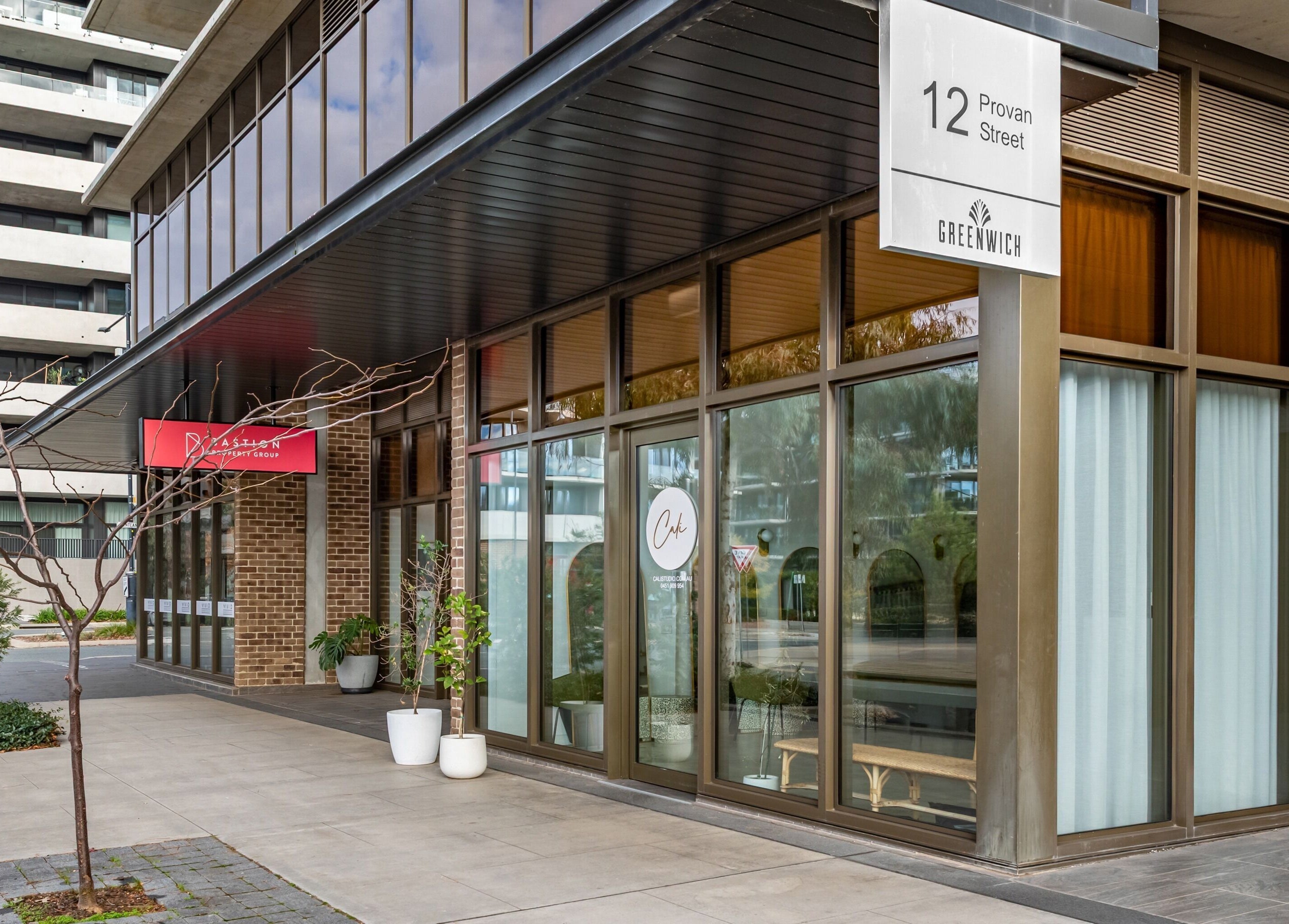 Exterior of Cali Studio at 12 Provan Street, Campbell, Australian Capital Territory, AU with modern glass design.