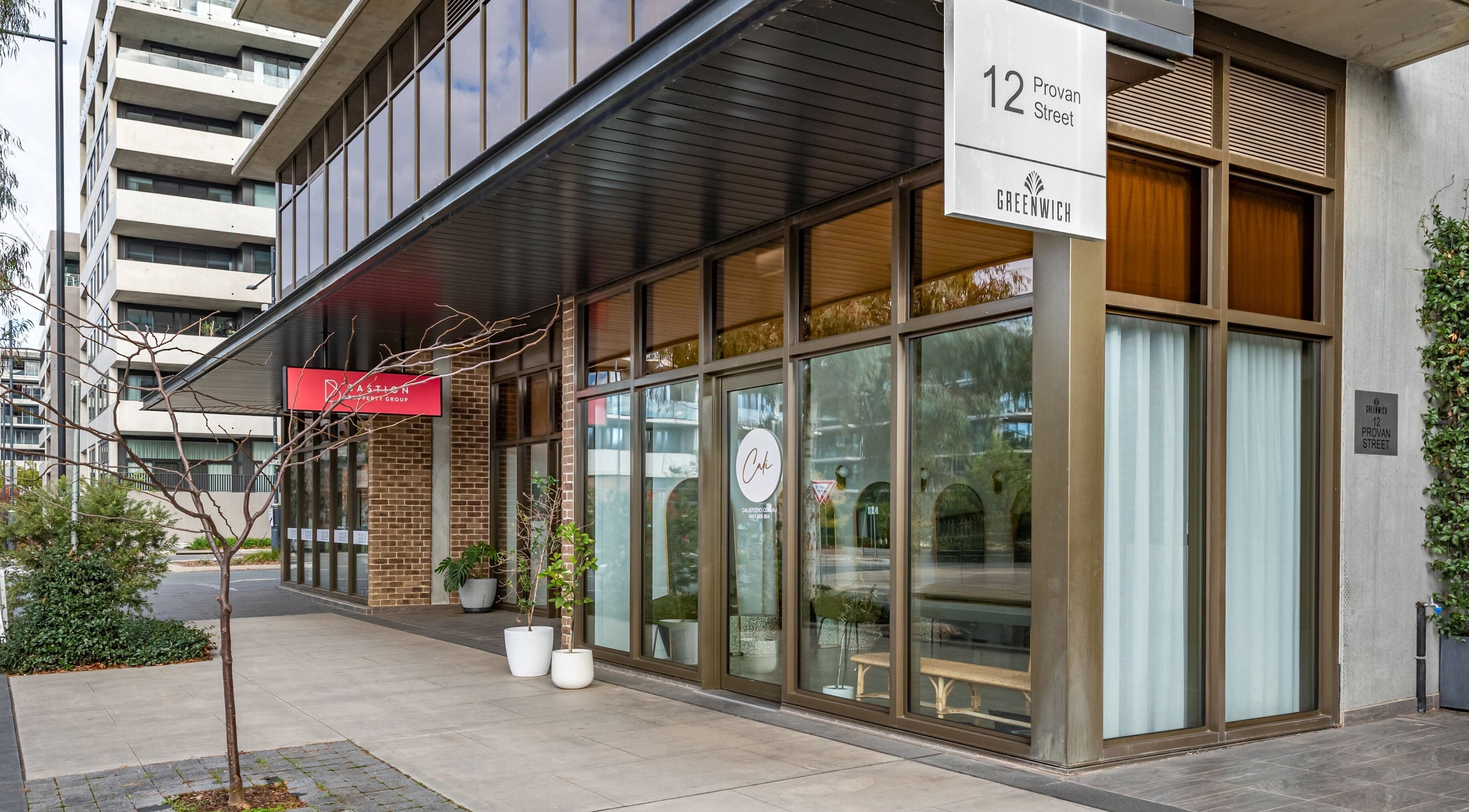Exterior of Cali Studio at 12 Provan Street, Campbell, Australian Capital Territory, AU with modern glass design.