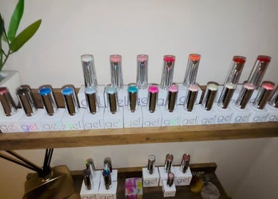 Variety of gel polishes on display at Solely Elegant, Thornaby, England, GB beauty salon.