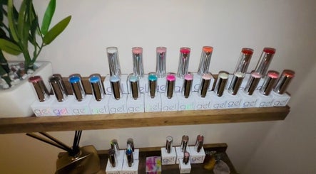 Variety of gel polishes on display at Solely Elegant, Thornaby, England, GB beauty salon.