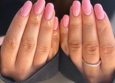 Glossy pink manicure at Macie Jones Studios, Aberdare, Wales, GB.