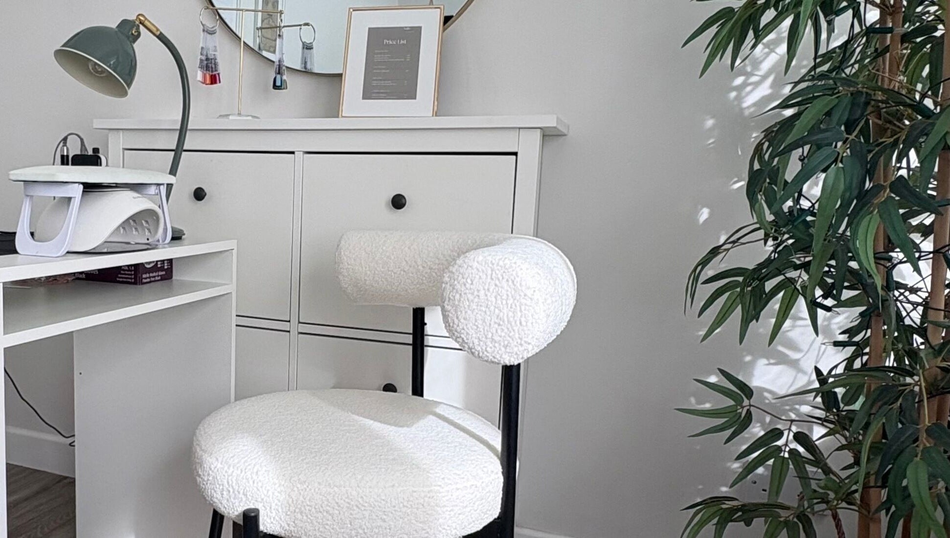Nail station at Nails by Kirsty, Balbriggan, County Dublin, IE, featuring a modern chair and minimalist decor.
