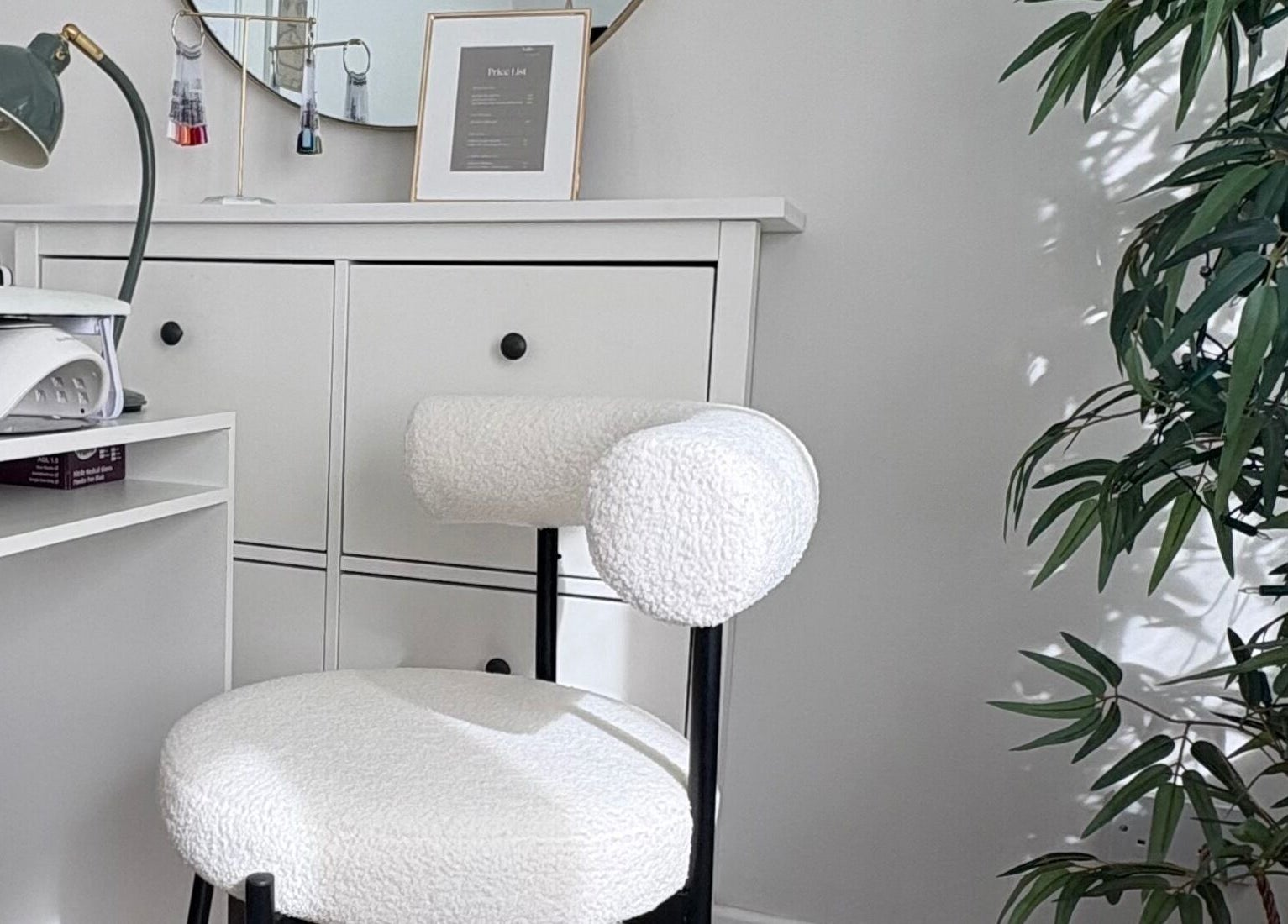 Nail station at Nails by Kirsty, Balbriggan, County Dublin, IE, featuring a modern chair and minimalist decor.