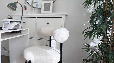Nail station at Nails by Kirsty, Balbriggan, County Dublin, IE, featuring a modern chair and minimalist decor.