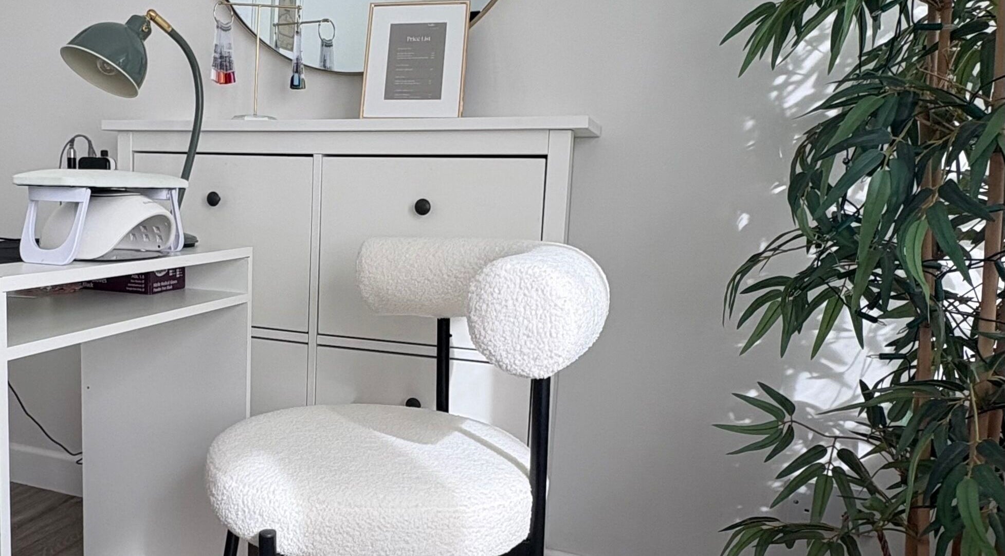 Nail station at Nails by Kirsty, Balbriggan, County Dublin, IE, featuring a modern chair and minimalist decor.