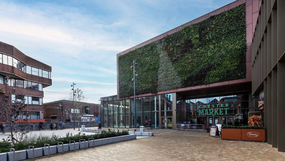 Exterior of Chester Market featuring a green wall, near Chester Dog Groomers, Chester, England, GB.