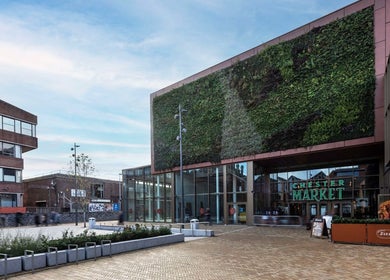 Exterior of Chester Market featuring a green wall, near Chester Dog Groomers, Chester, England, GB.