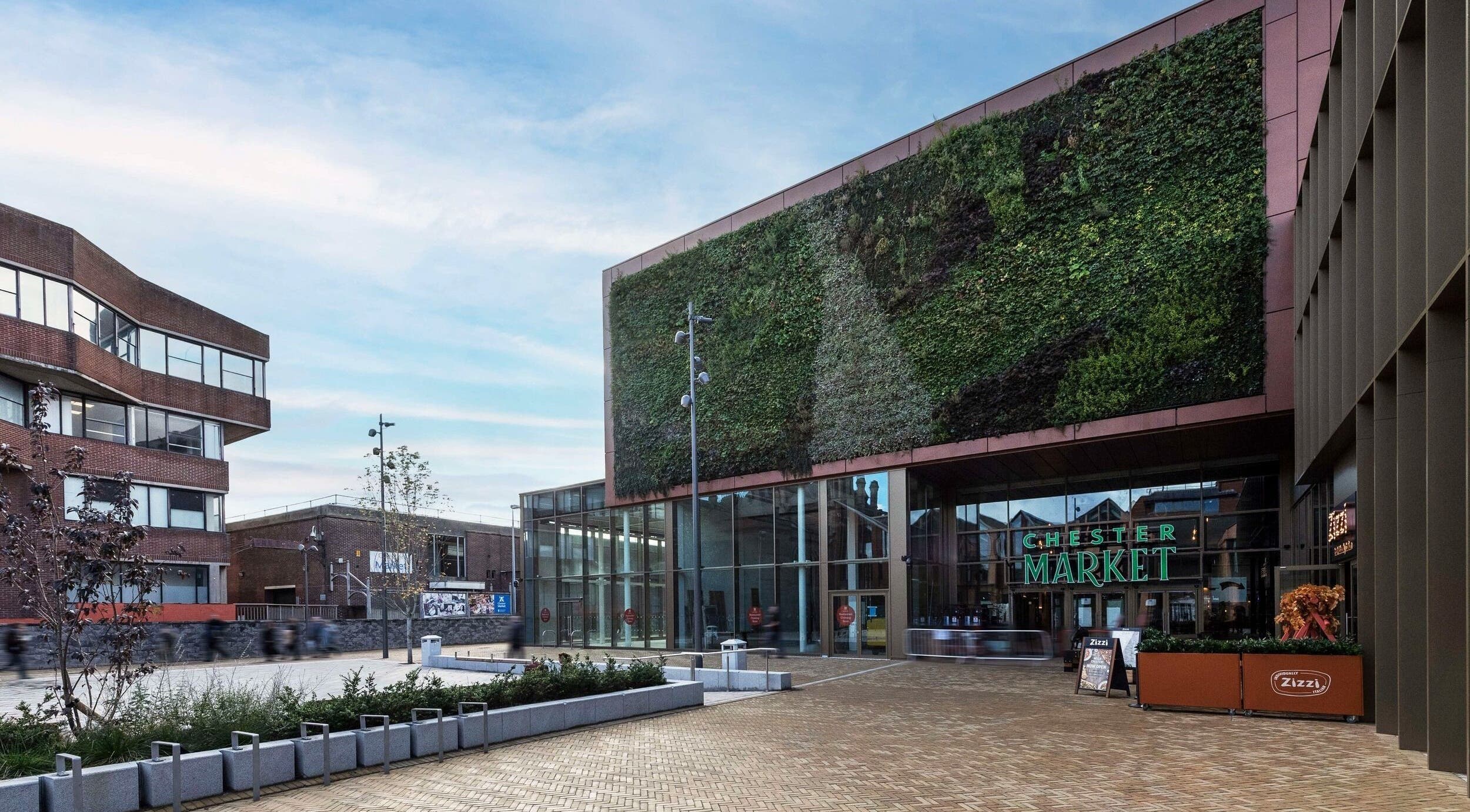 Exterior of Chester Market featuring a green wall, near Chester Dog Groomers, Chester, England, GB.