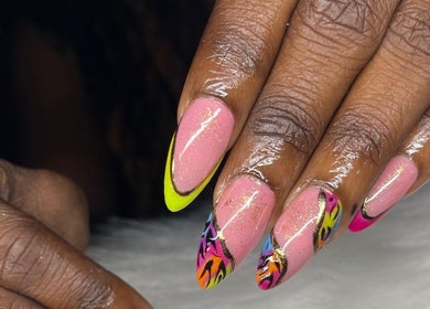 Vibrant artistic nail art at TipTastic Nails, Plymouth, Tobago, TT. Features colorful designs on manicured nails.