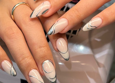 Chic nail art at PRESH’S NAIL BAR, Pretoria, Gauteng, ZA featuring metallic and nude designs.